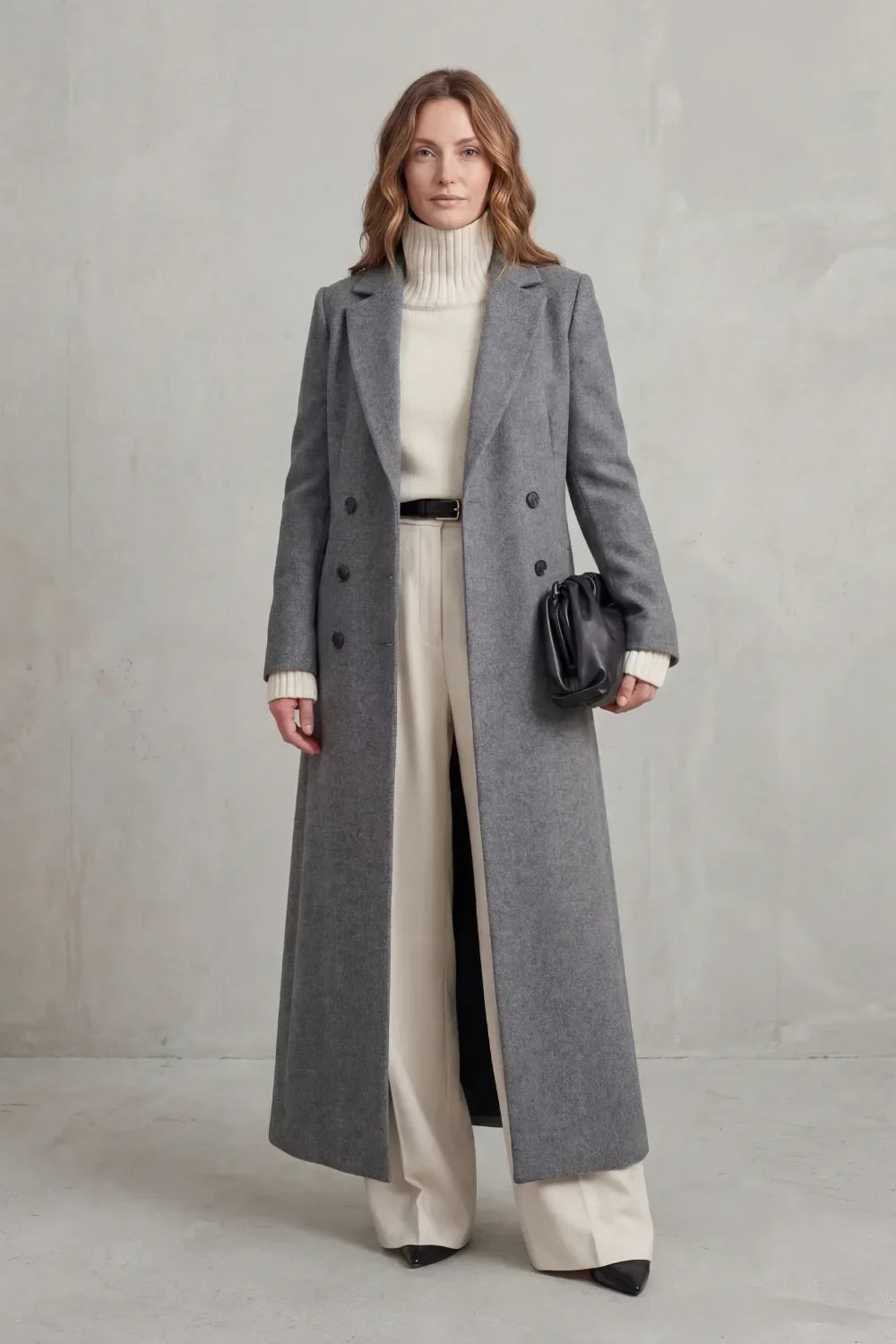 Women's double-breasted maxi coat in wool look with notch lapels, falling to the ankle