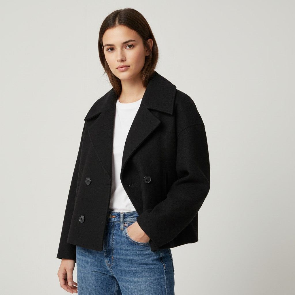 Short peacoat with a wide lapel and two rows of buttons