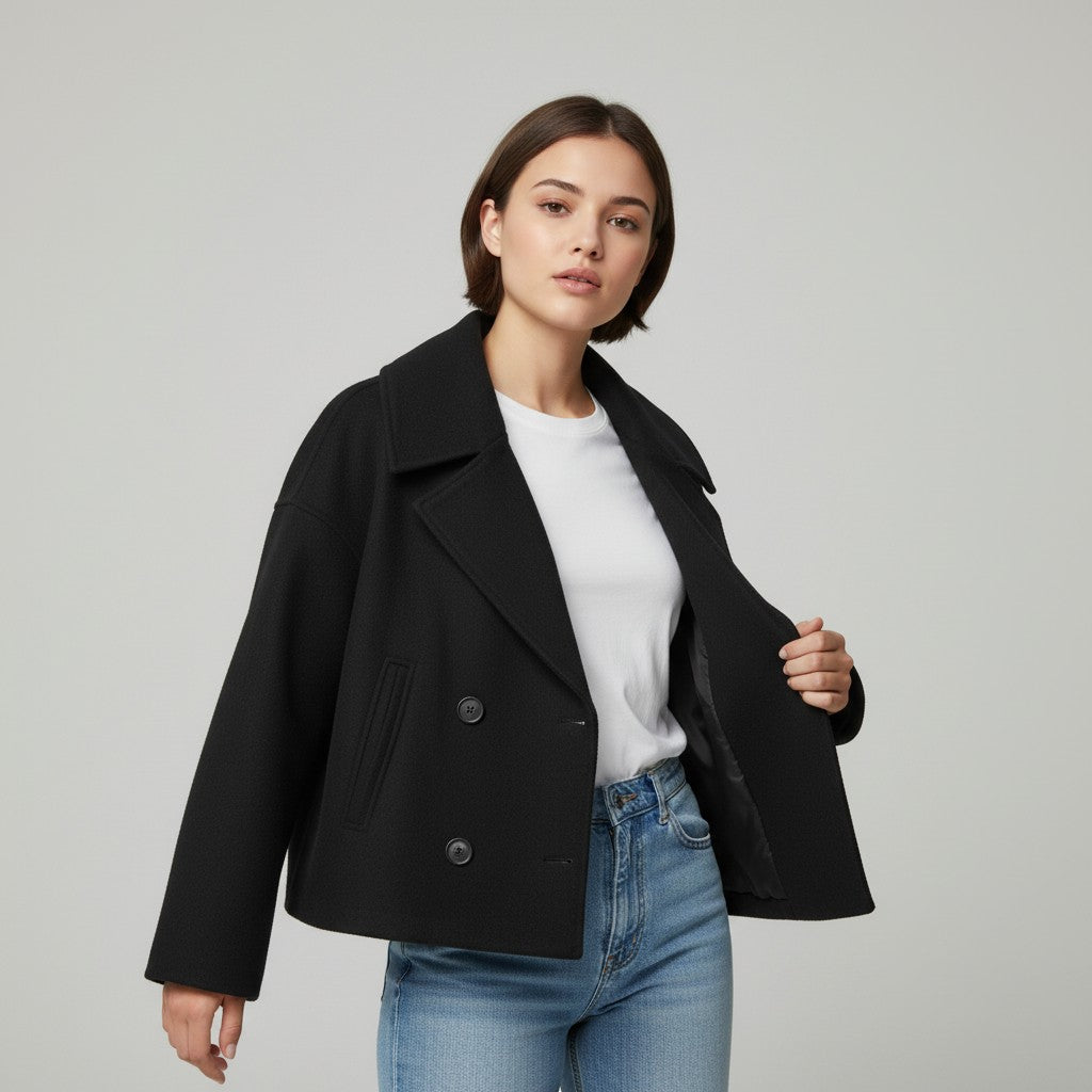 Short peacoat with a wide lapel and two rows of buttons