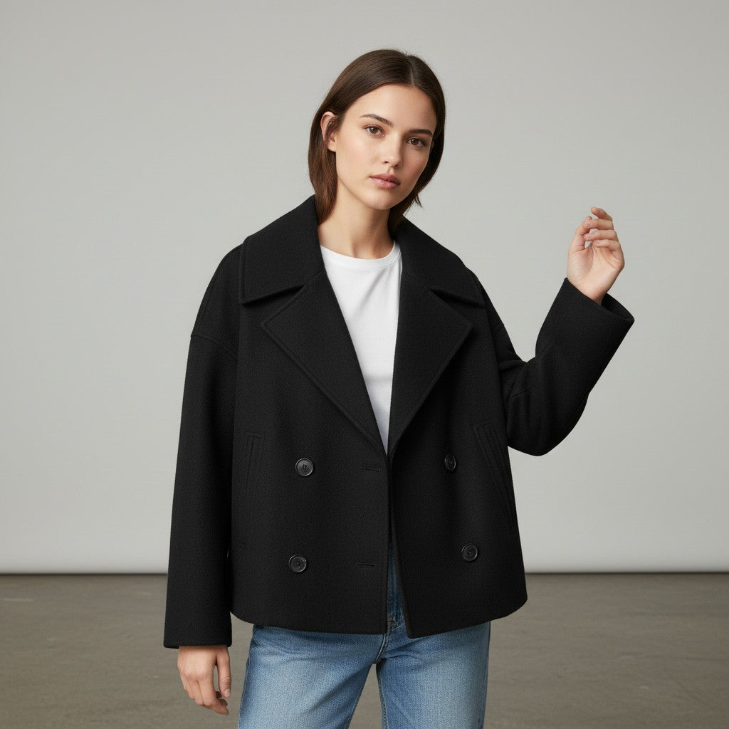 Short peacoat with a wide lapel and two rows of buttons