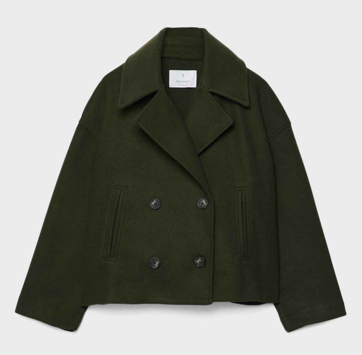 Short peacoat with a wide lapel and two rows of buttons