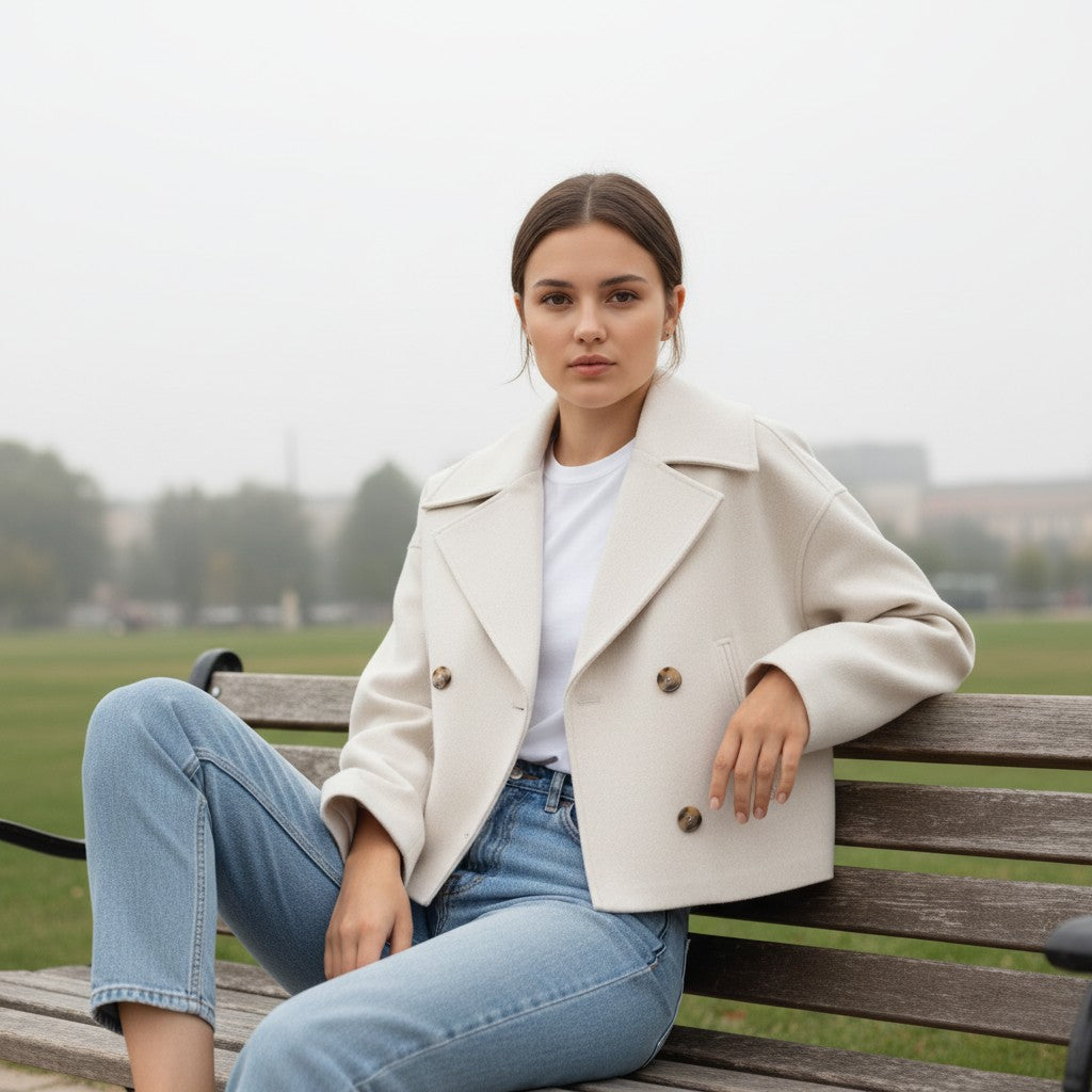 Short peacoat with a wide lapel and two rows of buttons