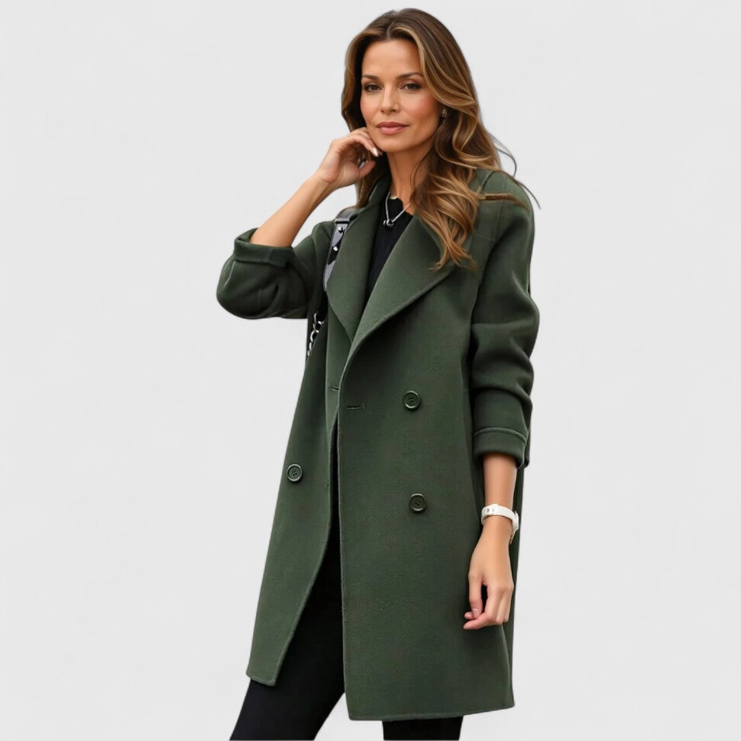 Women's double-breasted wool-look coat with wide lapels - army green