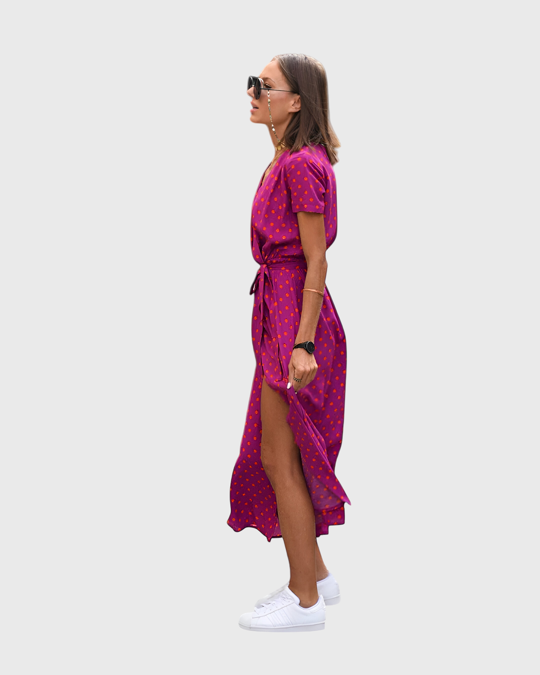 Women's Ankle Length V-Neck Summer Dress – Tie Detail – full length view