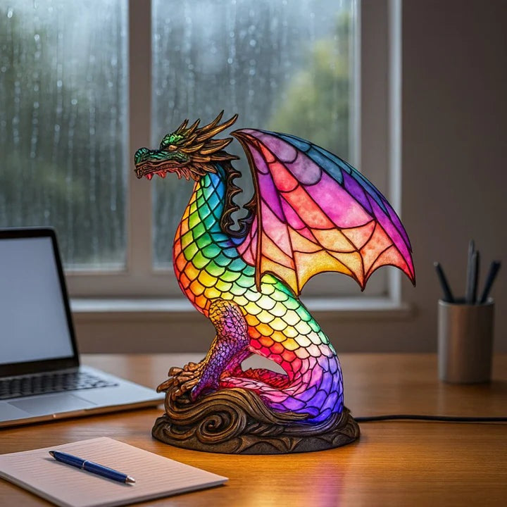 Dragon lamp in a stained glass look with rainbow scales and pink wings on a base with waves