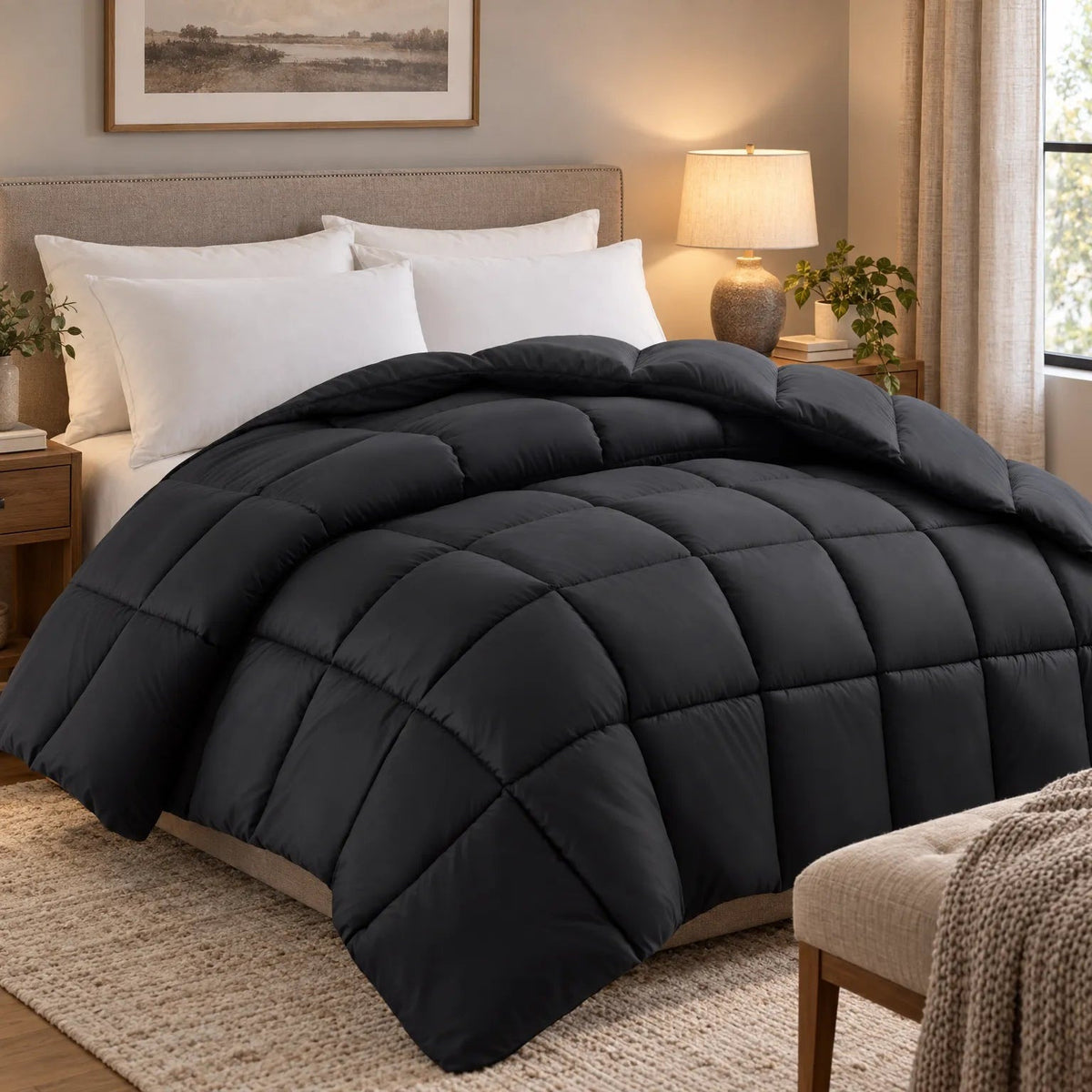 Quilted duvet without a cover on a made double bed