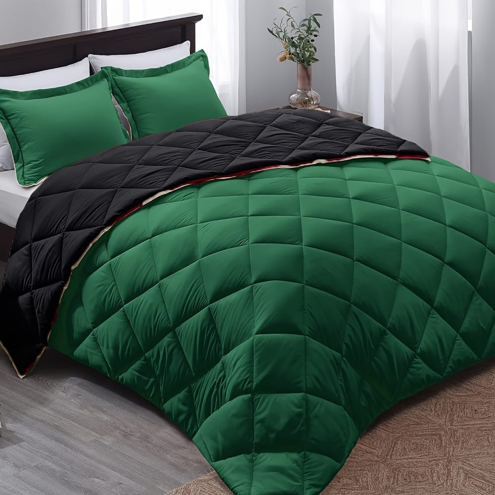 Quilted duvet without a cover on a made double bed - green and black