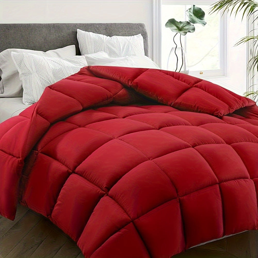 Quilted duvet without a cover on a made double bed - red