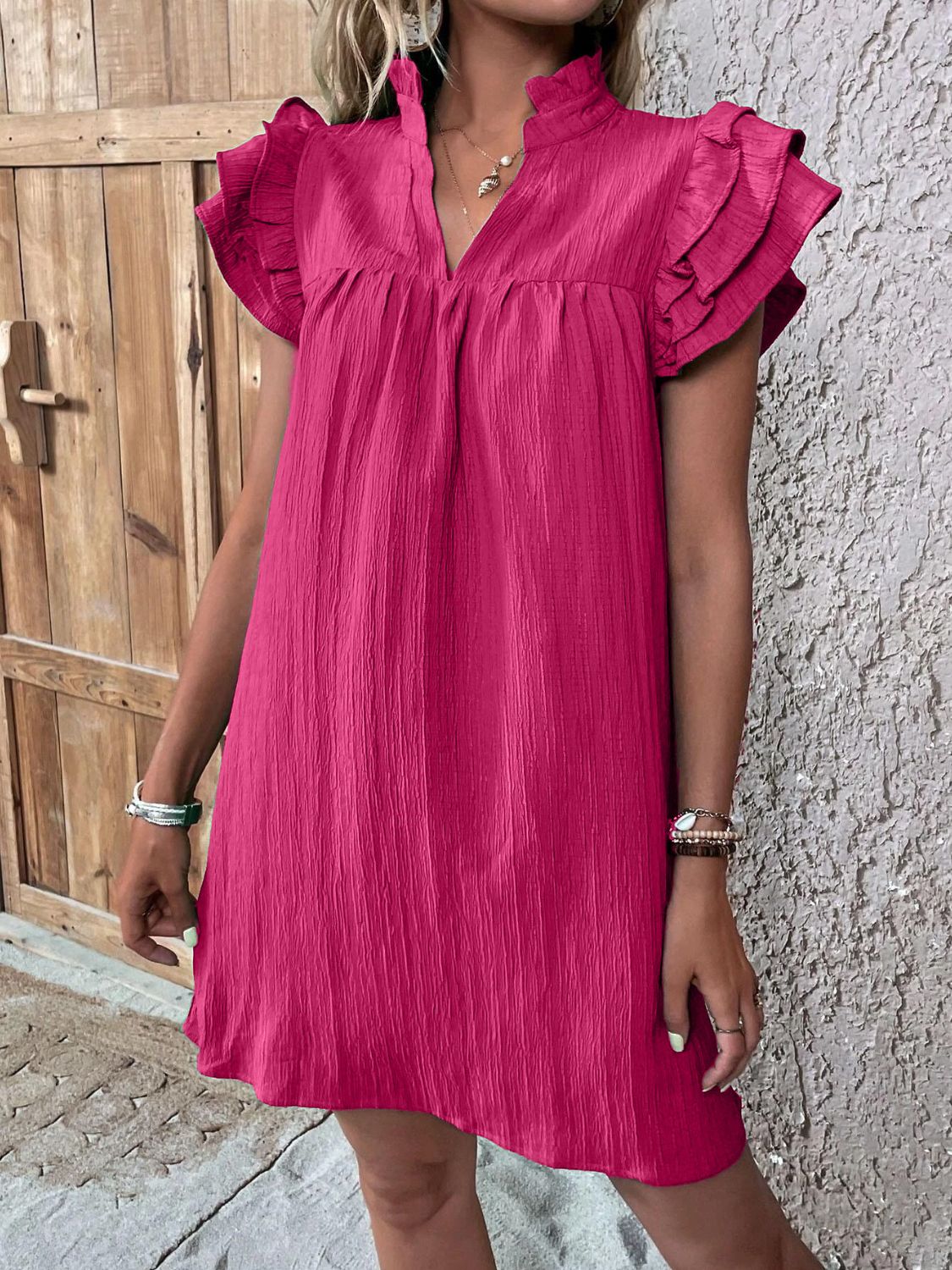 Women's ruffle shoulder mini dress - detail