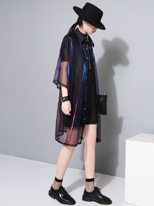 Oversized sheer overshirt with an iridescent finish and short sleeves