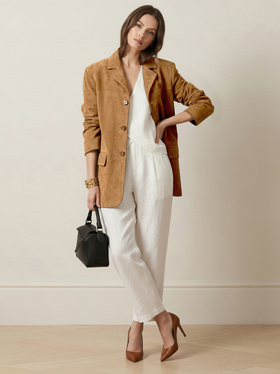 Tan suede-look blazer with a notch lapel and two flap pockets