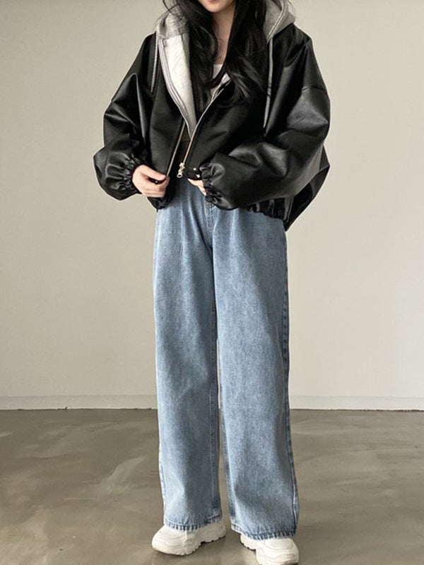 Oversized faux leather bomber jacket with a stand collar and drawstring hem