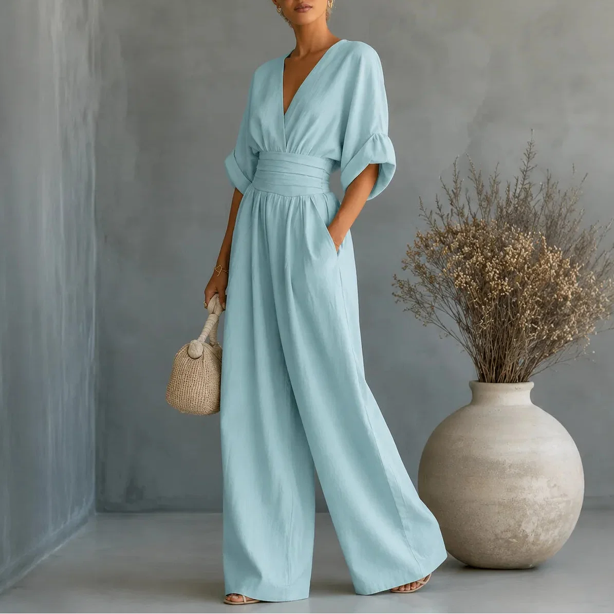 Women's wide leg V-neck jumpsuit in Ice Blue