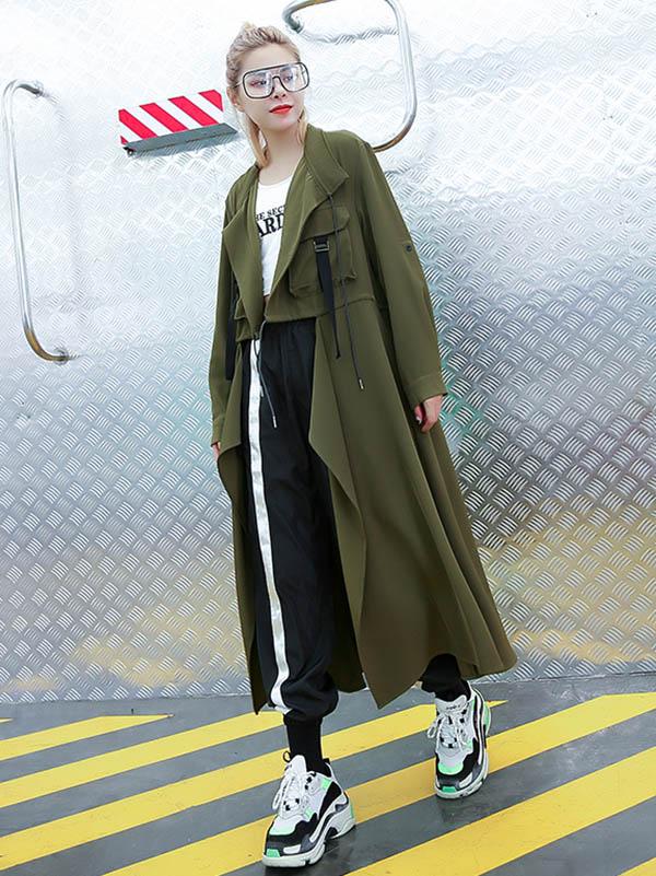 Longline duster coat with a draped lapel and a drawstring waist