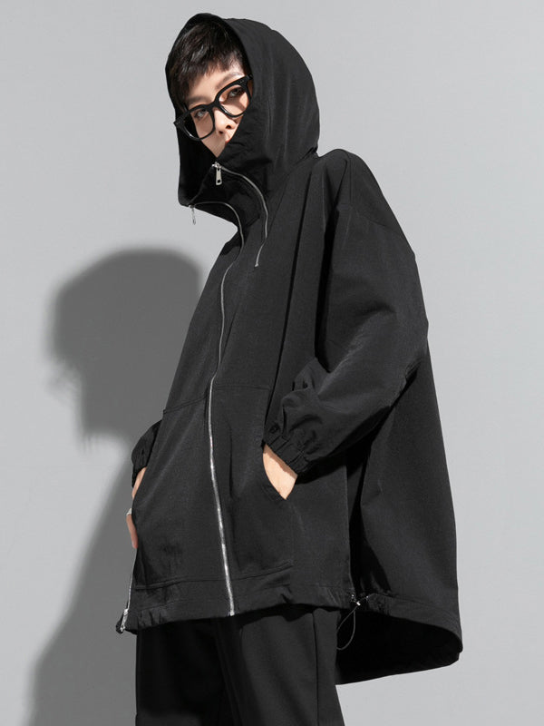 Oversized black hooded jacket with an off-centre zip and drawstring hem