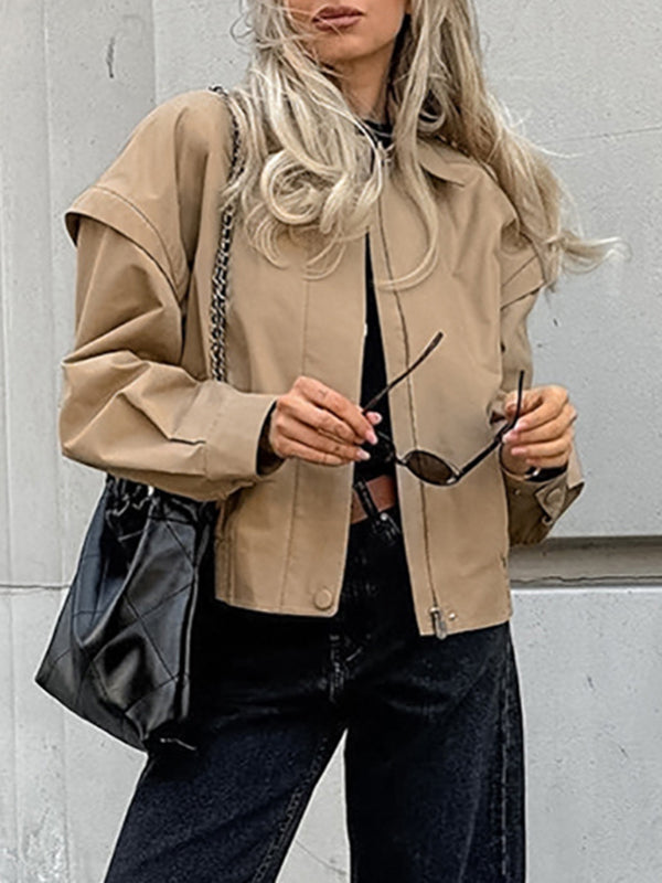 Boxy khaki utility jacket with a wide collar and flaps over the shoulder