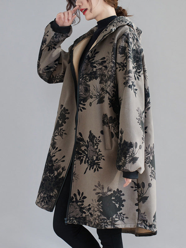 Grey hooded jacket printed with dark flowers and a full-length zip