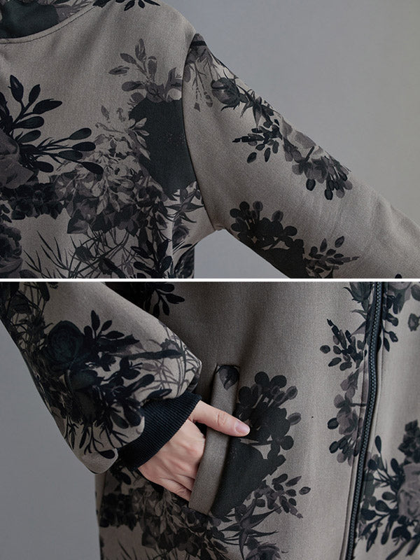 Grey hooded jacket printed with dark flowers and a full-length zip