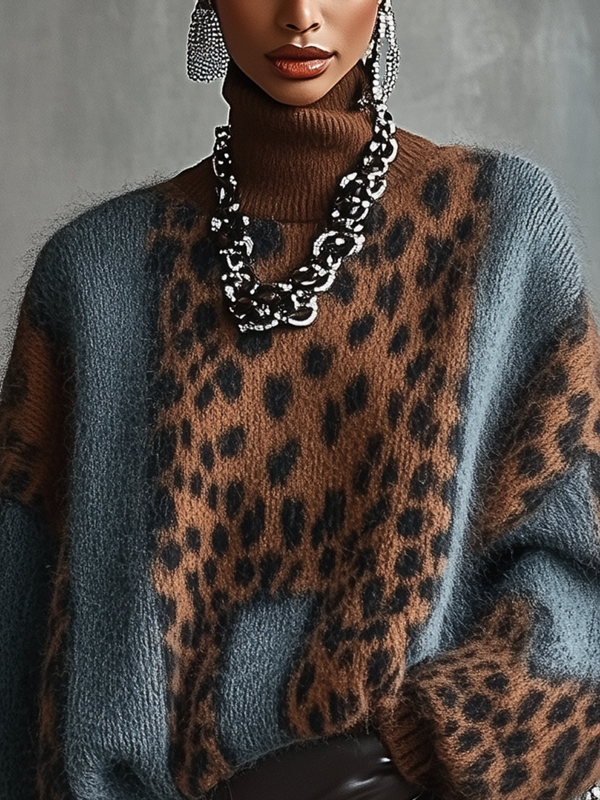 Oversized leopard print roll neck jumper in Leopard Brown-Blue