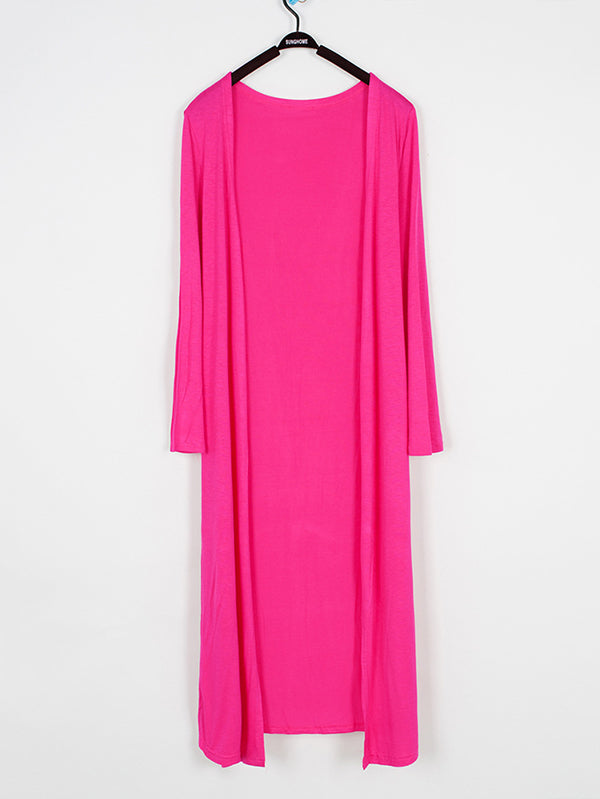 Light longline cardigan hanging open with dropped shoulders in fuchsia