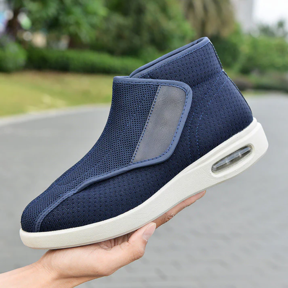 Unisex ergonomic wide-fit high-tops with a hook-and-loop flap