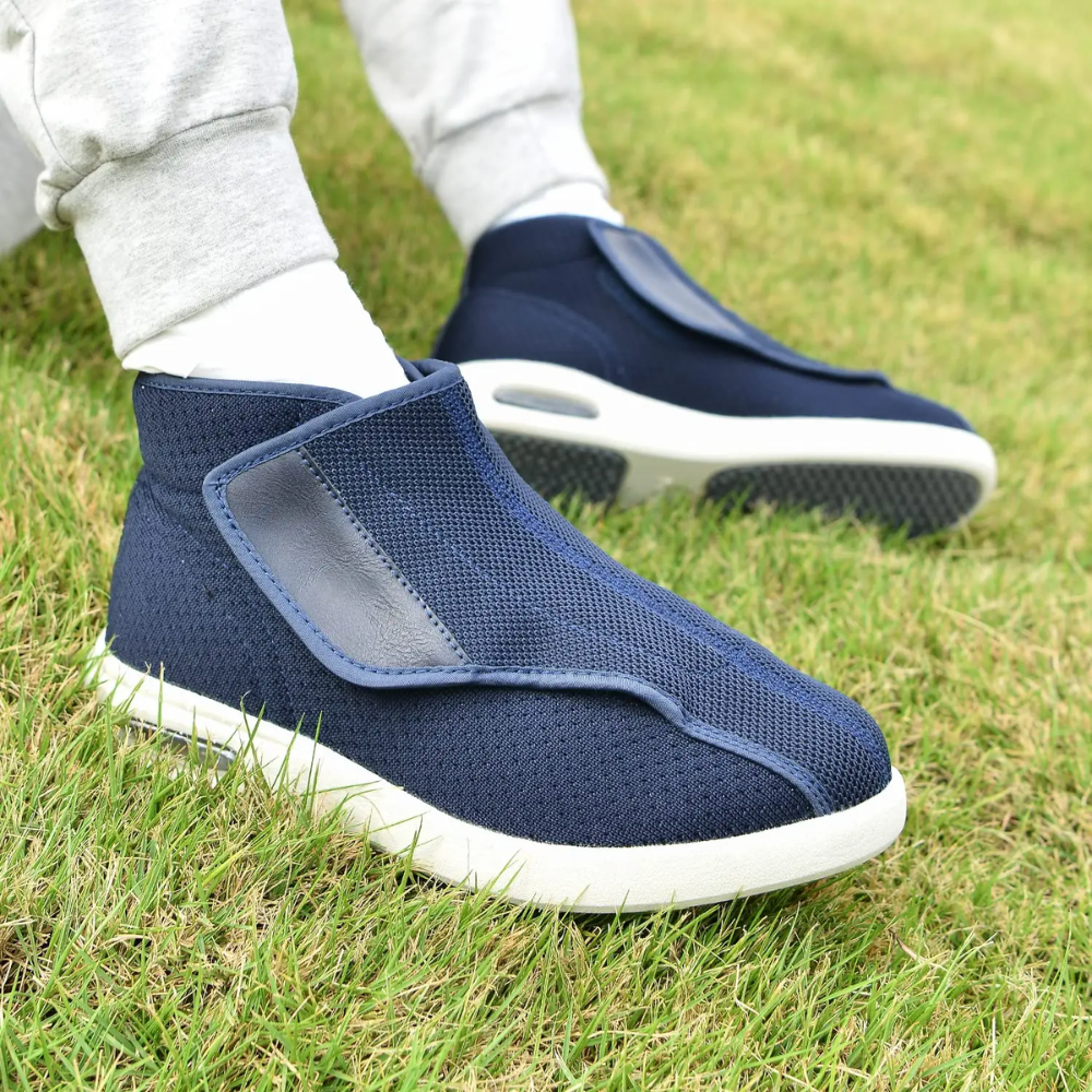 Unisex ergonomic wide-fit high-tops with a hook-and-loop flap