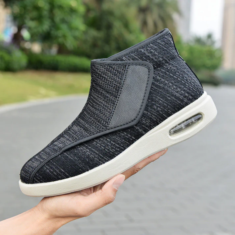 Unisex ergonomic wide-fit high-tops with a hook-and-loop flap