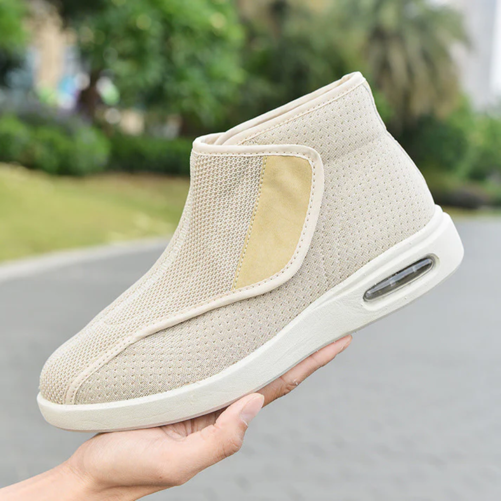 Unisex ergonomic wide-fit high-tops with a hook-and-loop flap