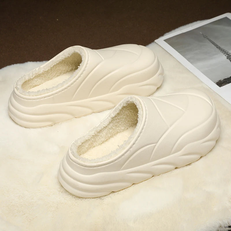 Platform slippers with EVA shell, teddy lining, open heel and thick wave-sculpted sole - cream