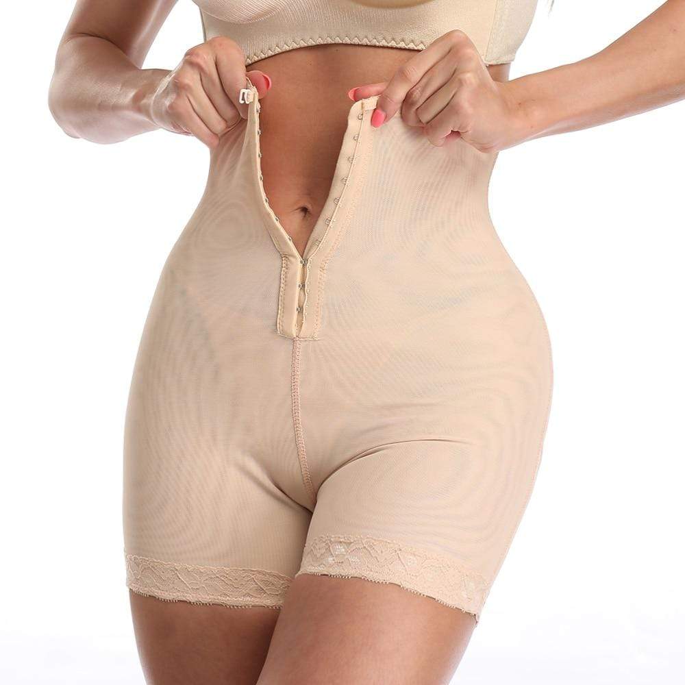 Extra high-waist shapewear shorts with front hook closure and lace hem - nude