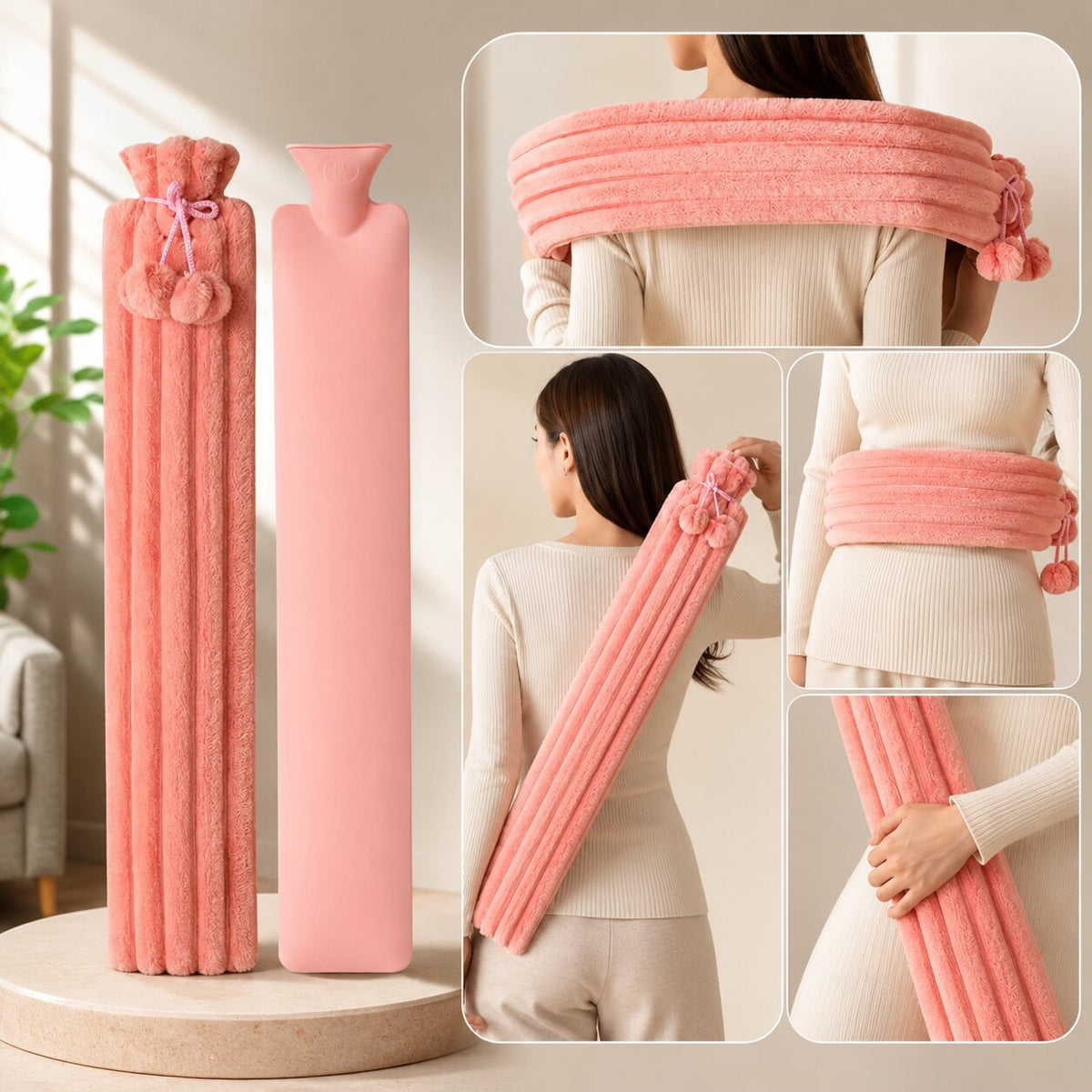 Extra long 83 cm hot water bottle with a plush cover and pompoms - view 3