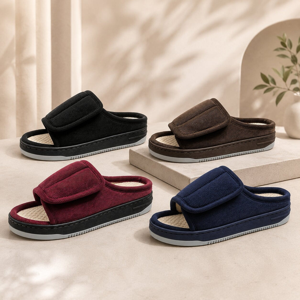 Extra wide open-toe slippers with an adjustable strap for women and men