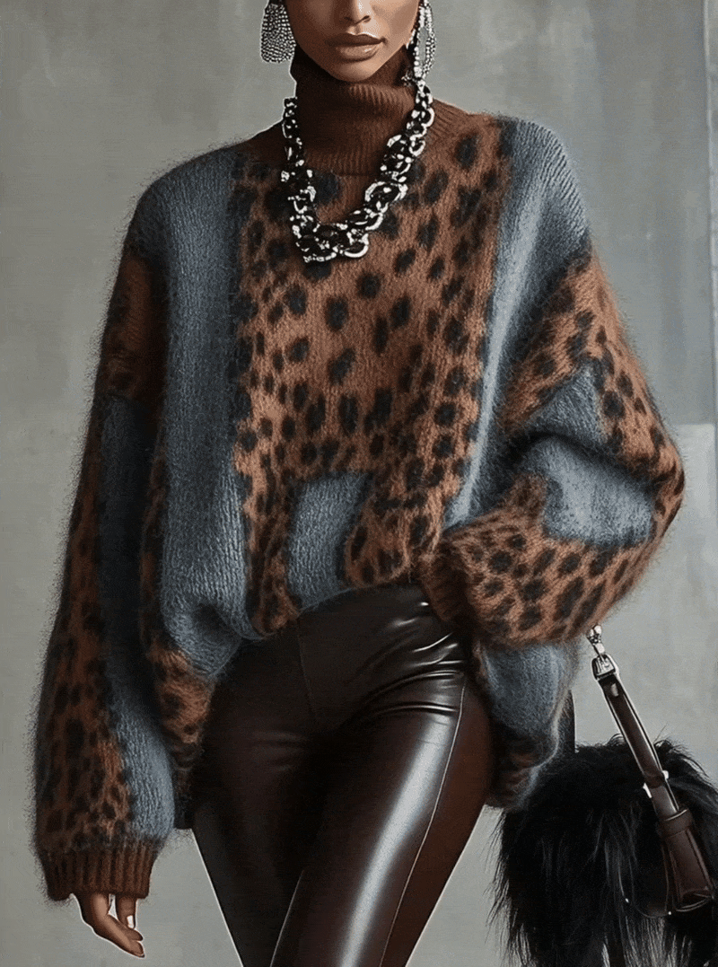 Oversized leopard print roll neck jumper in Leopard Brown-Blue