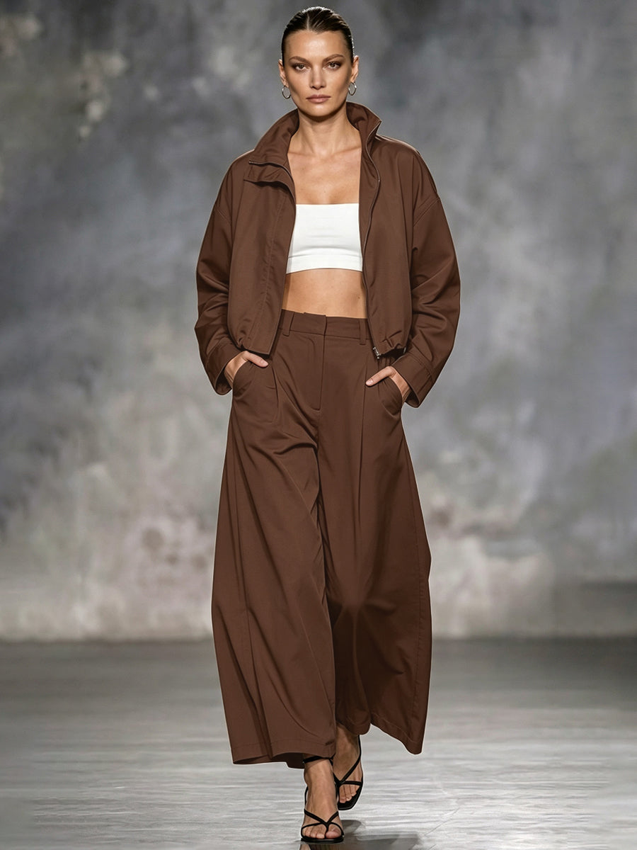 Cropped jacket with a stand collar, zip front and wide sleeves