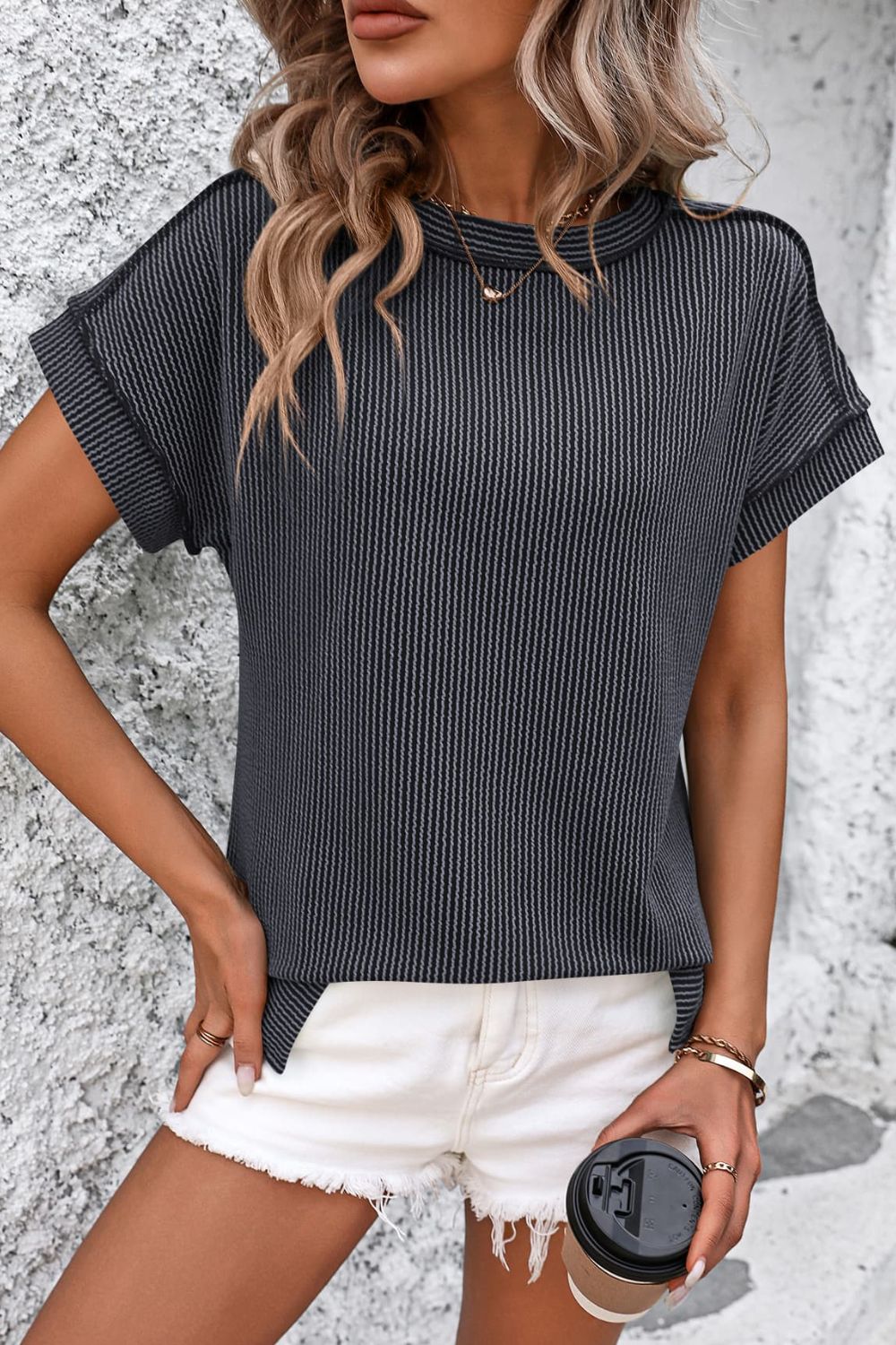 Women's ribbed short sleeve top in Dark Grey