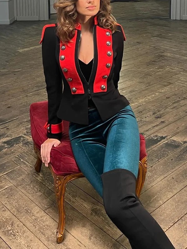 Fitted black military jacket with red trim and silver-tone buttons