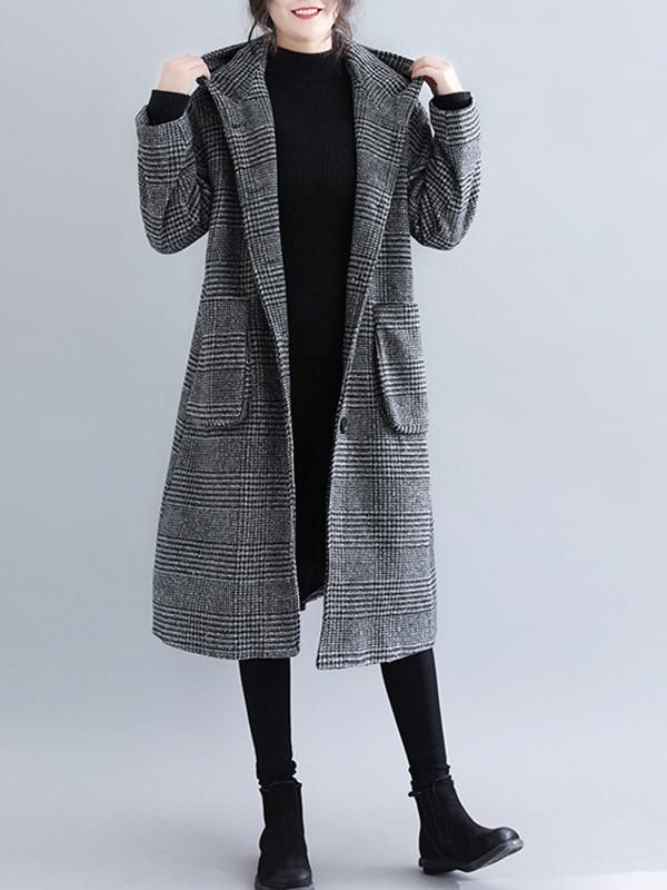 Hooded longline coat in a fine check with two patch pockets