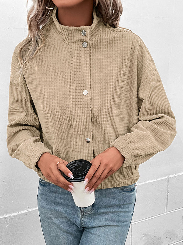Cropped corduroy bomber jacket with a stand collar and zip front
