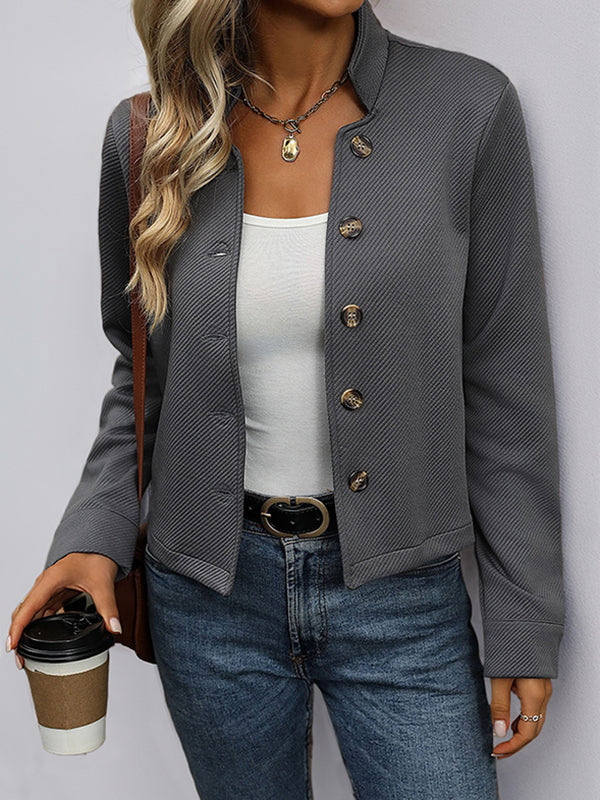Short grey jacket in a textured weave with a stand collar and four buttons