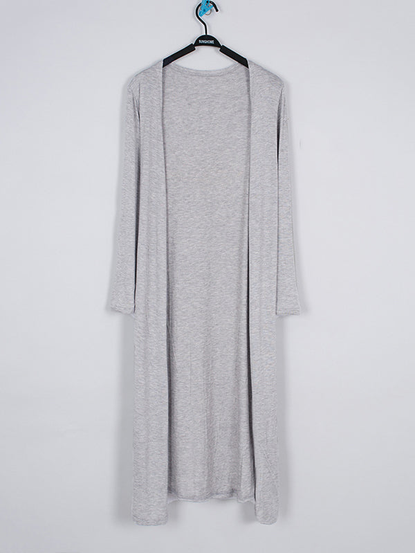 Light longline cardigan hanging open with dropped shoulders in light grey