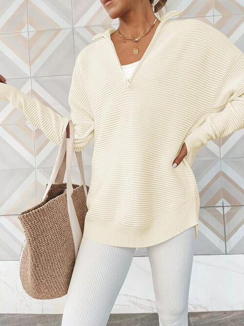 Women's half zip ribbed knit jumper - detail
