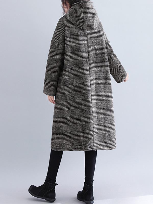 Hooded longline coat in a fine check with two patch pockets