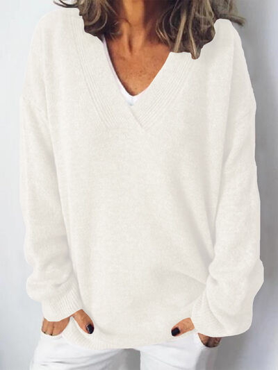 Women's V-neck dropped shoulder jumper in Ivory