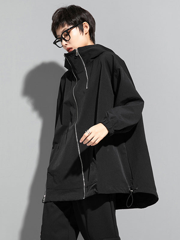 Oversized black hooded jacket with an off-centre zip and drawstring hem