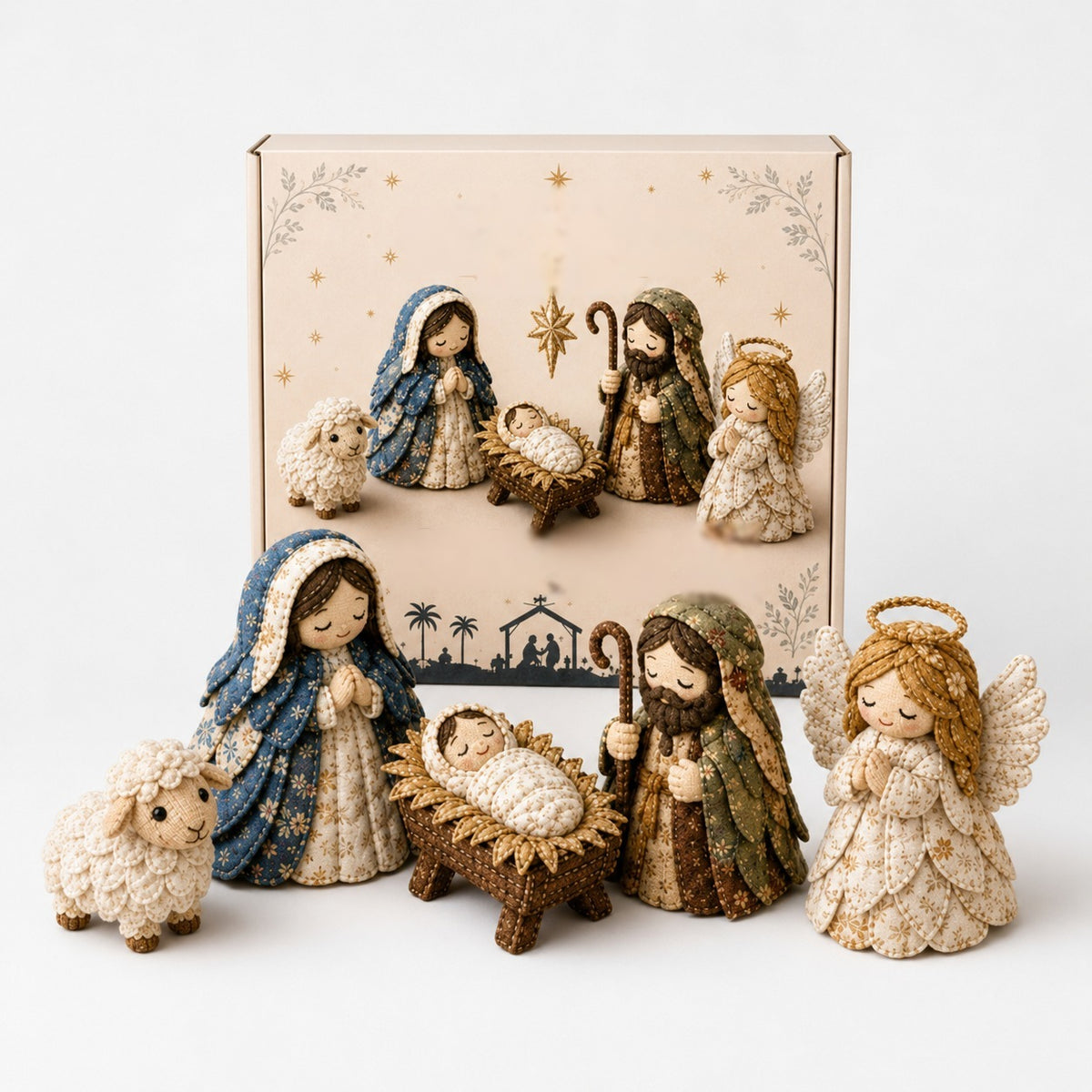 Fabric nativity scene sewing kit with Mary, Joseph, manger and angel - holy family with angel