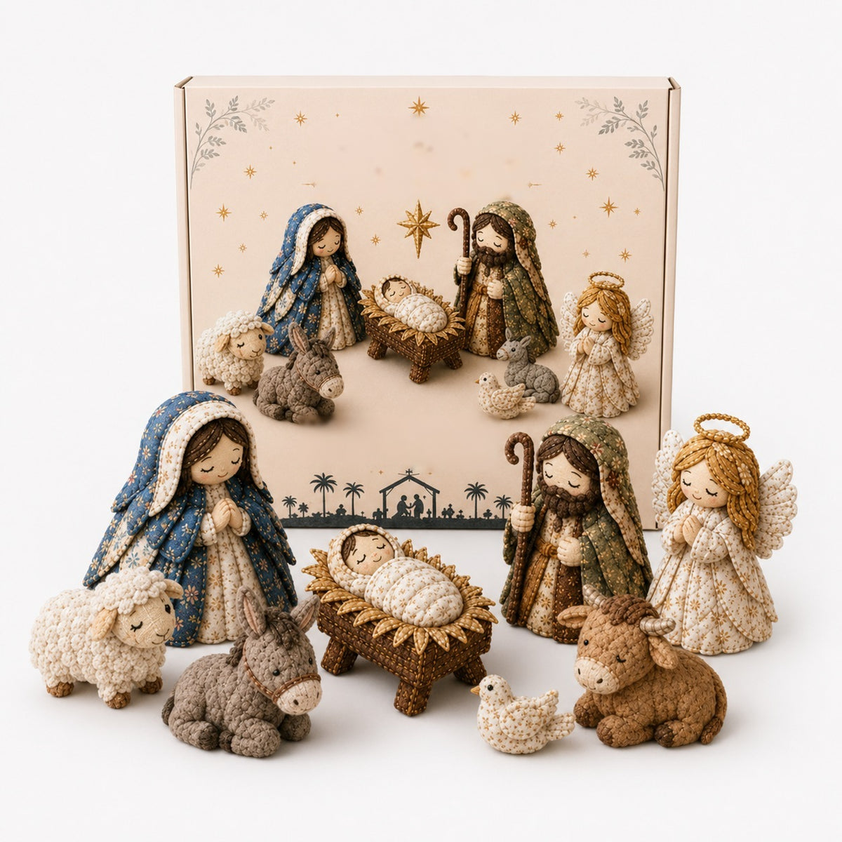 Fabric nativity scene sewing kit with Mary, Joseph, manger and angel - stable with angel and animals
