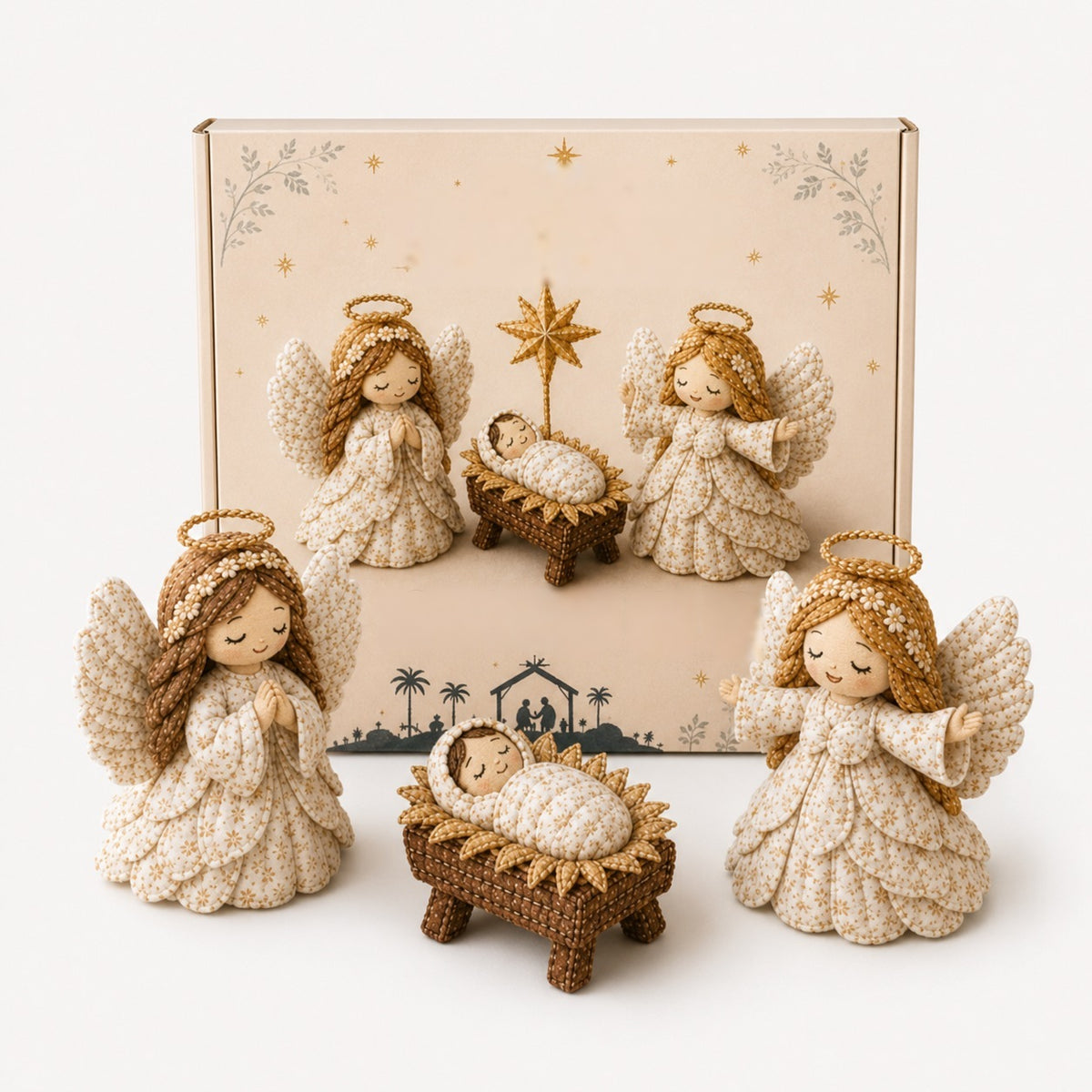 Fabric nativity scene sewing kit with Mary, Joseph, manger and angel - two angels with manger