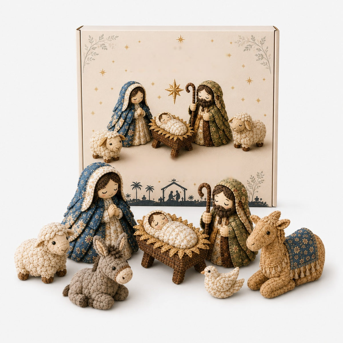 Fabric nativity scene sewing kit with Mary, Joseph, manger and angel - holy family with camel