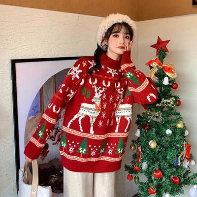Women's knitted Christmas jumper with two Fair Isle reindeer, snowflakes and trees - red fair isle reindeer