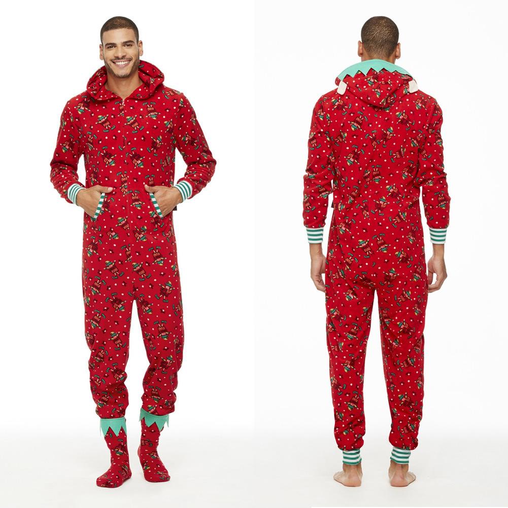 Red family Christmas onesie with an elf print and a hood with elf ears